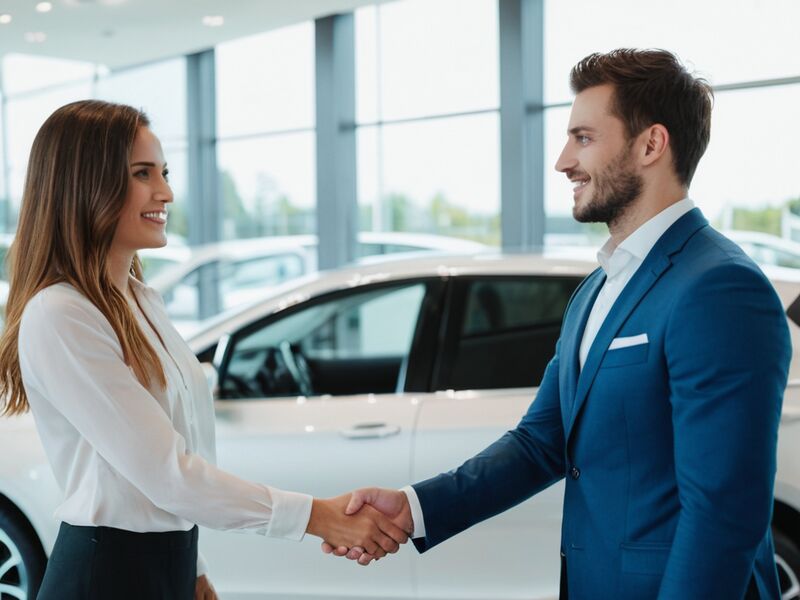 Two professionals shaking hands on a closed deal in a dealership showroom