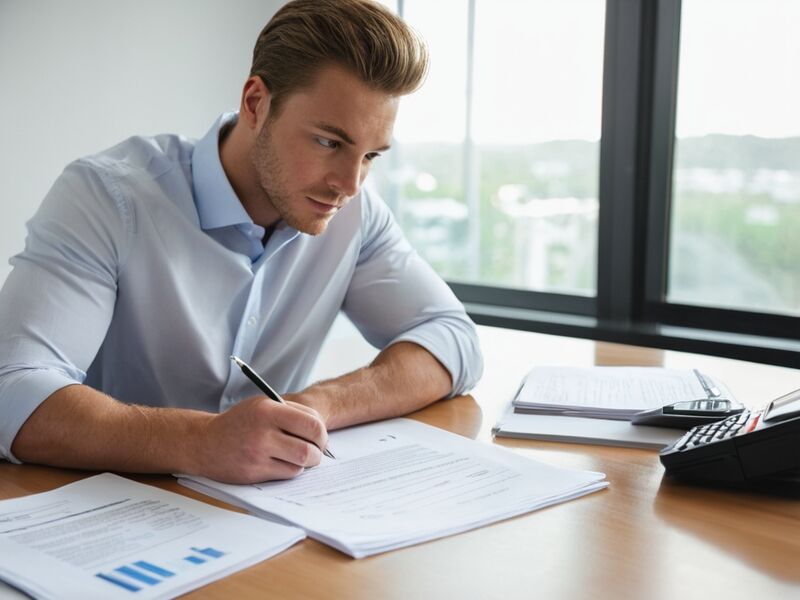 An accredited broker reviewing deal paperwork at a desk
